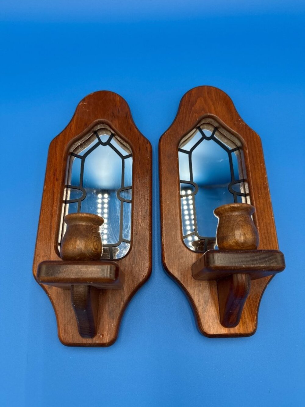 Vintage Wood Wall Sconces Stained Glass Mirror Candle Holders Cottagecaore Grand